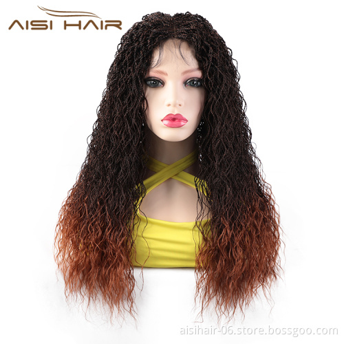 Aisi Hair New Design Long Braided Ombre Brown Swiss Lace Wigs Senegalese Twist Braided Front Lace Synthetic Wigs For Black Women